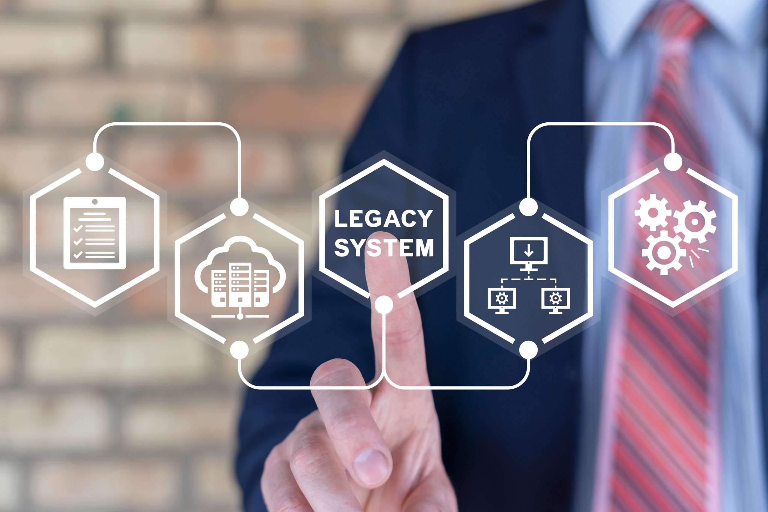 Businessman,Using,Virtual,Touch,Screen,Presses,Inscription:,Legacy,System.,Legacy Businessman,Using,Virtual,Touch,Screen,Presses,Inscription:,Legacy,System.,Legacy